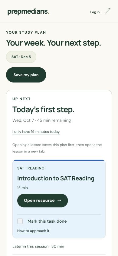 Example SAT plan on a phone: December 5 test date, 45 minutes to study today, and Introduction to SAT Reading as the next task.